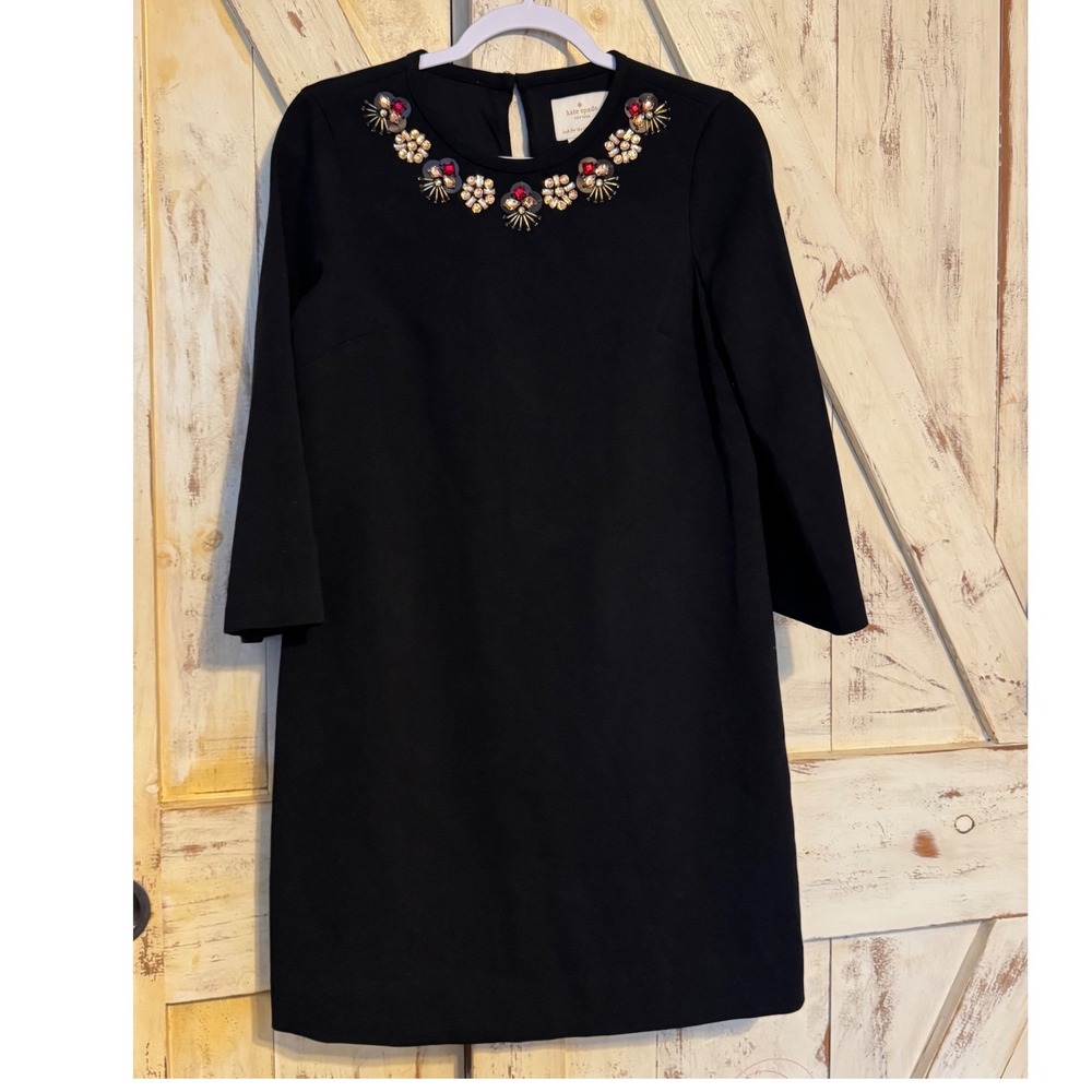 Kate Spade Embellished Neckline Shift Dress Black Knee Length Long Sleeves Sz 4